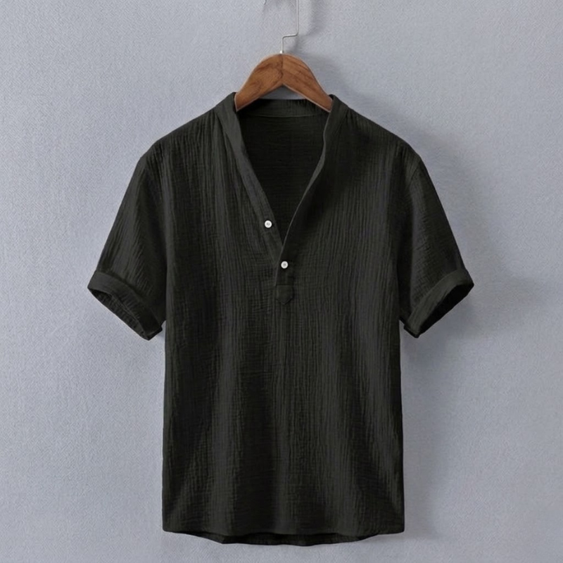 Men's Cotton-Linen Henley Shirt in Black – front view | Hensley London