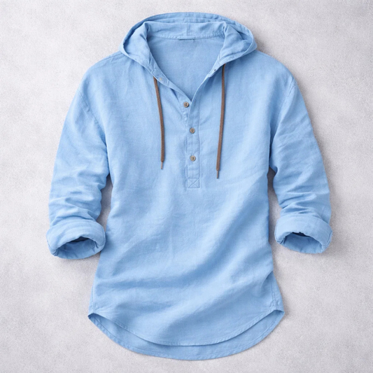 Men's Cotton-Linen Hooded Shirt in Blue – product view | Hensley London