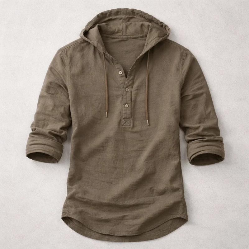 Men's Cotton-Linen Hooded Shirt in Brown – product view | Hensley London
