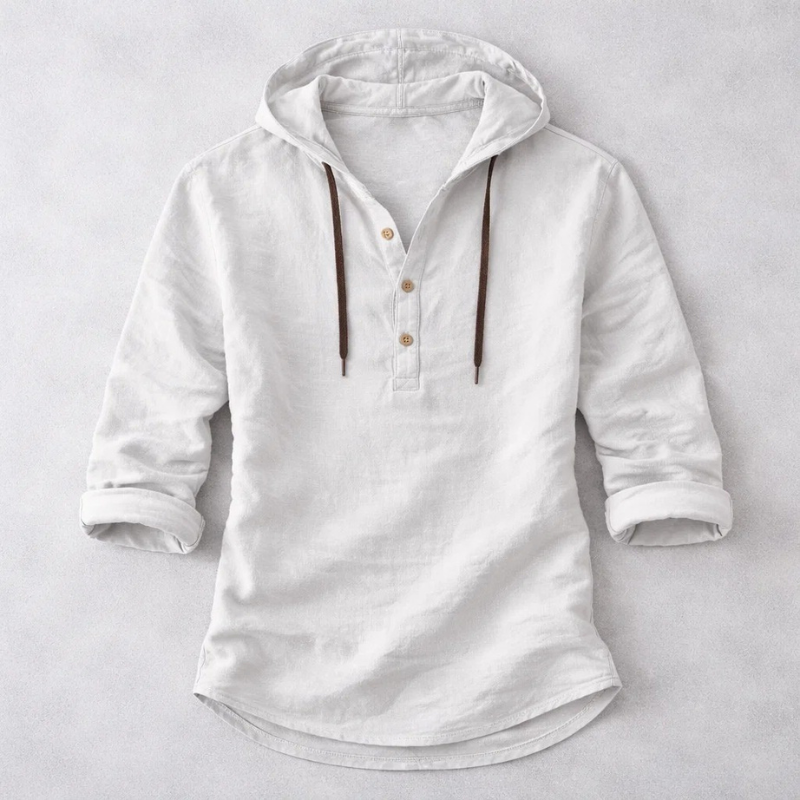 Men's Cotton-Linen Hooded Shirt in Gray – product view | Hensley London