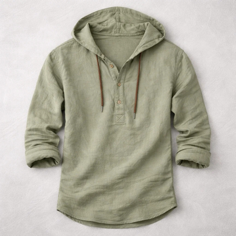 Men's Cotton-Linen Hooded Shirt in Green – product view | Hensley London