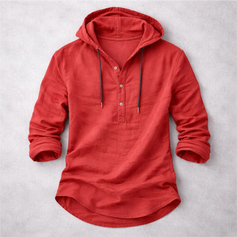 Men's Cotton-Linen Hooded Shirt in Red – product view | Hensley London
