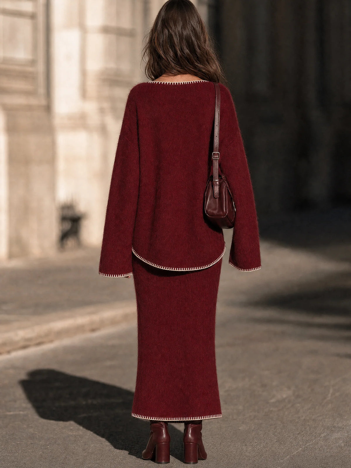 Women's Blanket-Stitch Sweater and Maxi Skirt Set – additional product view | Hensley London