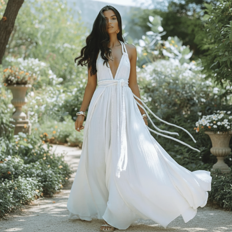 Bella Backless Maxi Dress | Bohemian Summer Wedding Guest Dress, Deep V-Neck