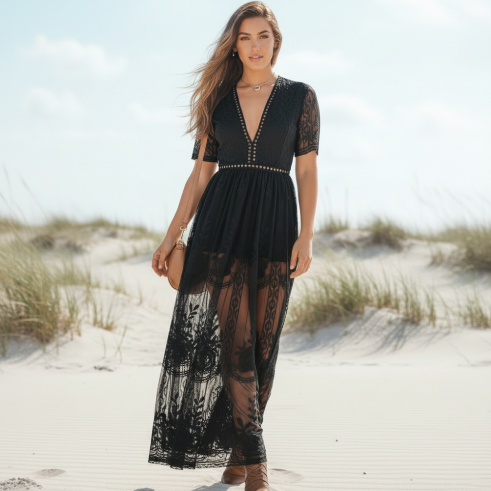 Bella Boho Maxi Dress | V-Neckline, Black Lace Embroidery, Summer Wedding Guest Dress