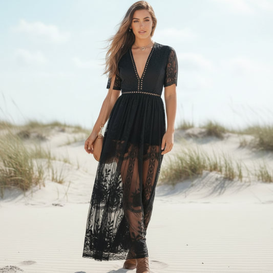 Bella Boho Maxi Dress | V-Neckline, Black Lace Embroidery, Summer Wedding Guest Dress