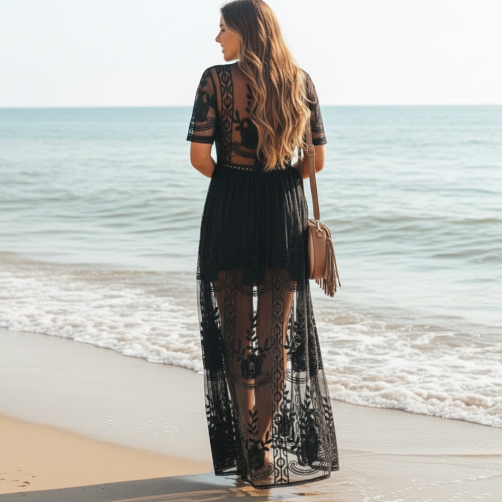 Bella Boho Maxi Dress | V-Neckline, Black Lace Embroidery, Summer Wedding Guest Dress