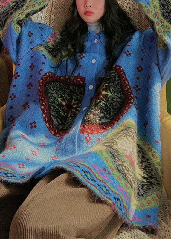 Women's Sweater Coat Blue Knit Button Print - 1