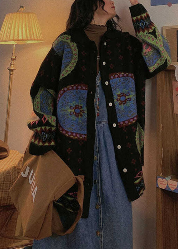 Women's Sweater Coat Blue Knit Button Print - 2