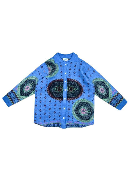 Women's Sweater Coat Blue Knit Button Print - 5