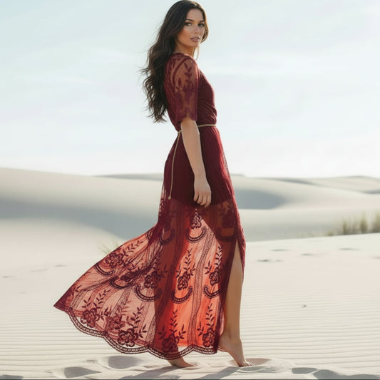 Bella Lace Maxi Dress | Bohemian Red Tulle