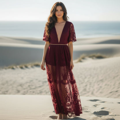 Bella Lace Maxi Dress | Bohemian Red Tulle - Image 2