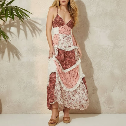 Bella Maxi Dress | Bohemian Pink Floral Patchwork