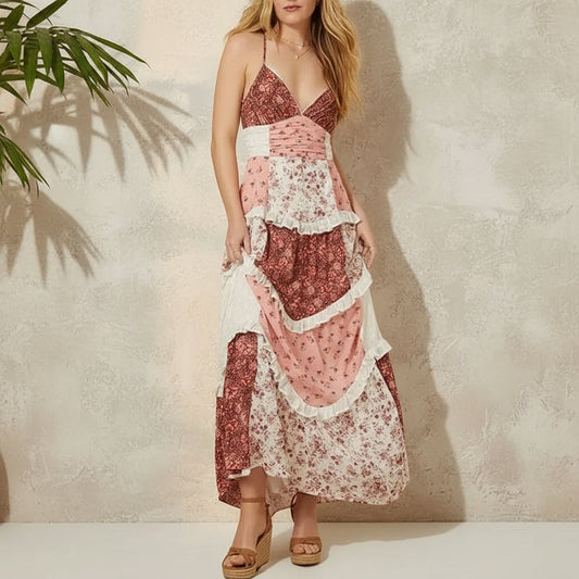 Bella Maxi Dress | Bohemian Pink Floral Patchwork