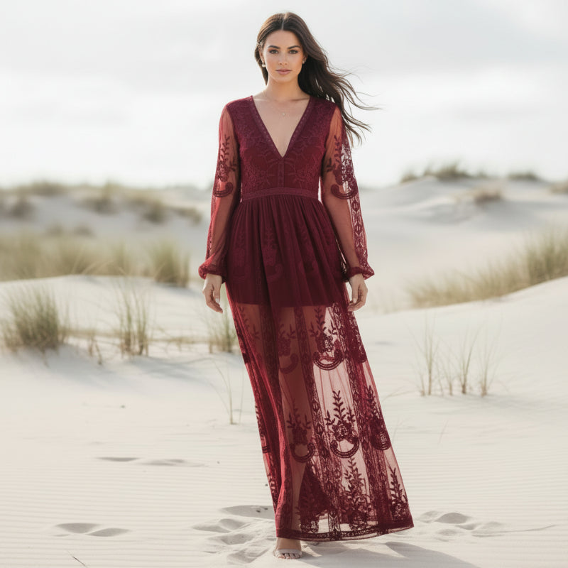 Bora Long Sleeve Maxi Dress | Bohemian Lace, A-Line Silhouette