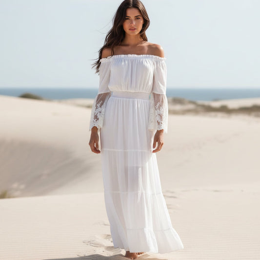 Bella White Maxi Dress | Off-Shoulder, Flared Silhouette for Women