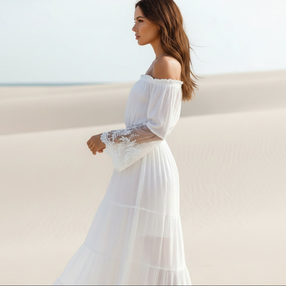 Bella White Maxi Dress | Off-Shoulder, Flared Silhouette for Women - Image 3