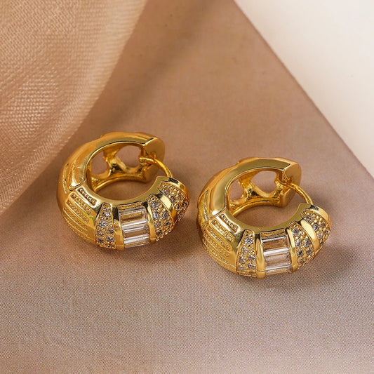 Bold Baguette Diamond Hoop Earrings in Gold or Silver – Chunky Design with Colorful or White Diamonds 0