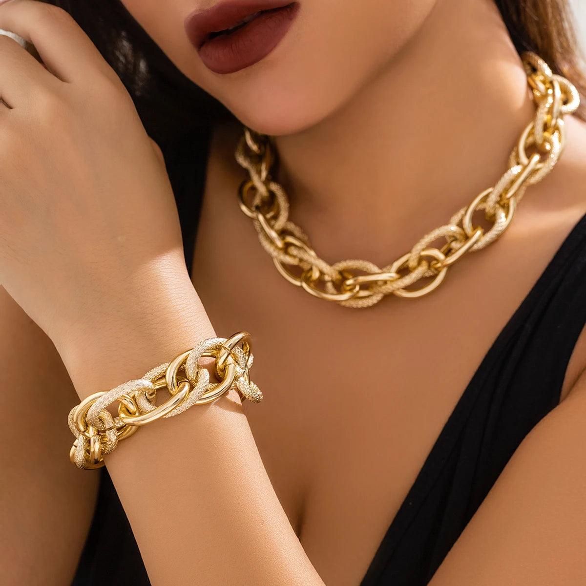 Bold Chunky Woven Dual Chain Jewelry Set for Women – Hypoallergenic Necklace and Bracelet Set, Statement Accessory