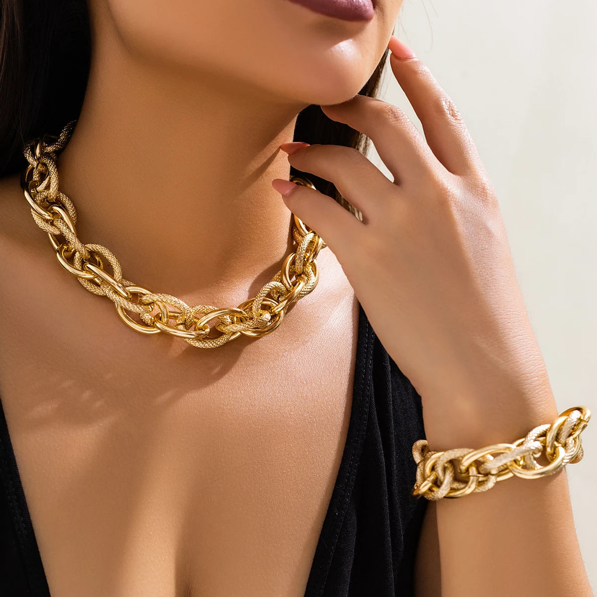 Bold Chunky Woven Dual Chain Jewelry Set for Women – Hypoallergenic Necklace and Bracelet Set, Statement Accessory