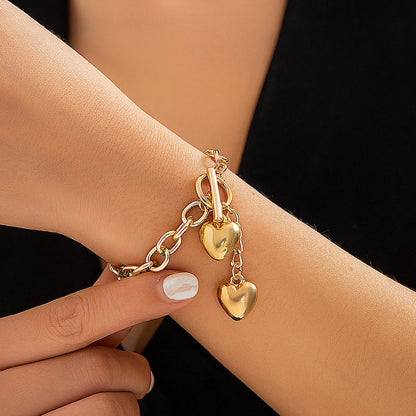 Bold Dual Heart Lariat Necklace and Bracelet Set – Chunky Chain Link Jewelry in Gold and Silver, 316L Stainless Steel 3