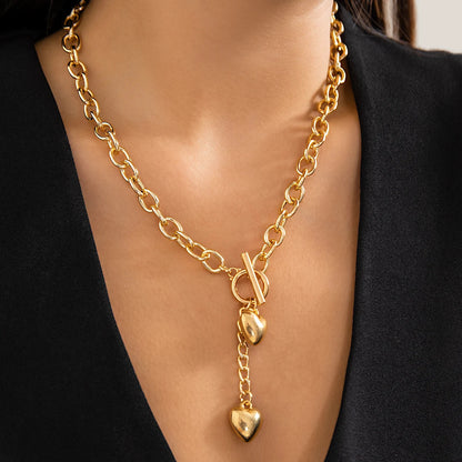 Bold Dual Heart Lariat Necklace and Bracelet Set – Chunky Chain Link Jewelry in Gold and Silver, 316L Stainless Steel 6