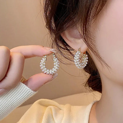 Women's Gold Hoop Earrings with Imitation Pearls Stainless Steel Elegant Design - 1