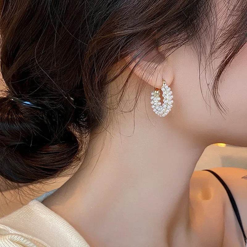 Women's Gold Hoop Earrings with Imitation Pearls Stainless Steel Elegant Design - 3