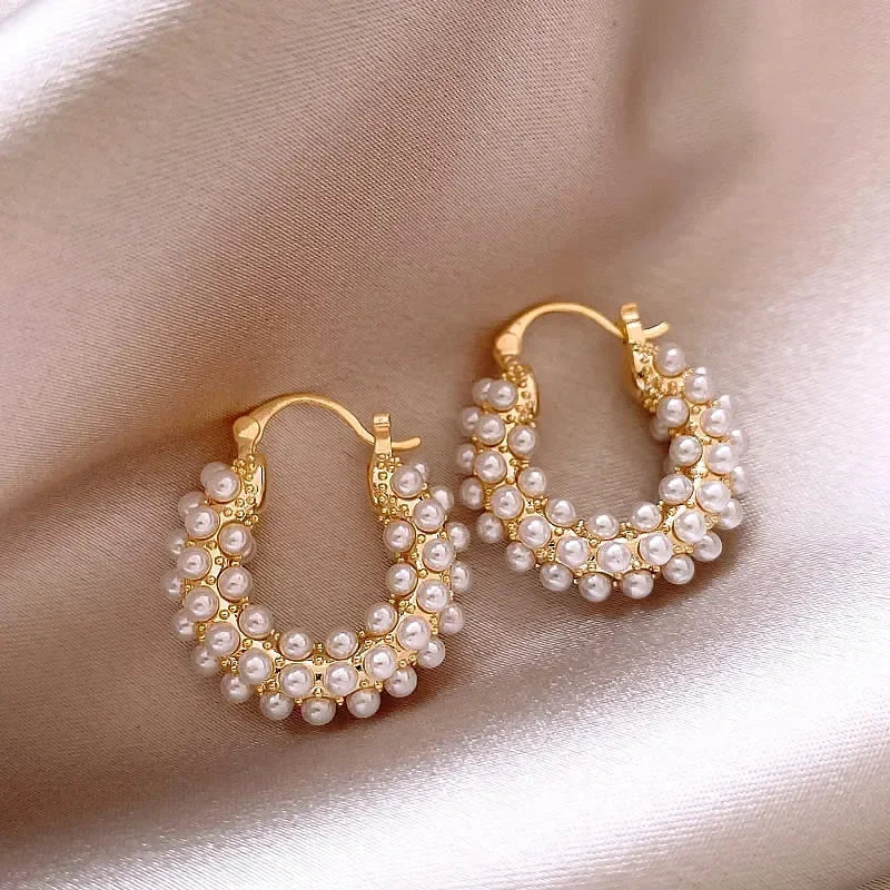 Women's Gold Hoop Earrings with Imitation Pearls Stainless Steel Elegant Design - 4