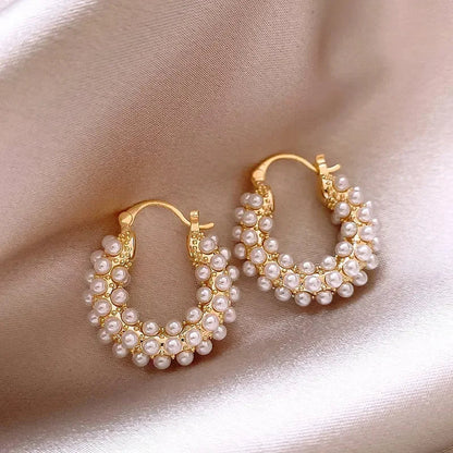 Women's Gold Hoop Earrings with Imitation Pearls Stainless Steel Elegant Design - 4