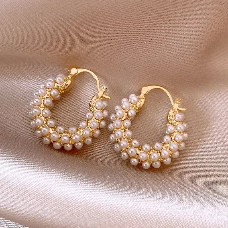 Women's Gold Hoop Earrings with Imitation Pearls Stainless Steel Elegant Design - 5