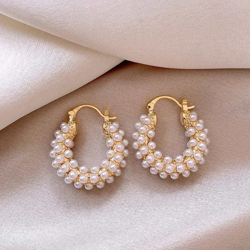 Women's Gold Hoop Earrings with Imitation Pearls Stainless Steel Elegant Design - 6