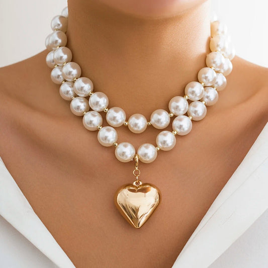 Bold Pearl Necklace with Gold Heart Pendant – Layered Design, Adjustable Length 0