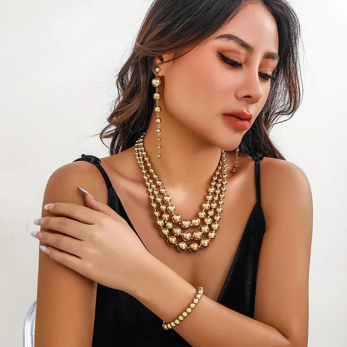 Women's Jewelry Set Gold Necklace and Earring Set with Bracelet, Triple Stack Design - 3