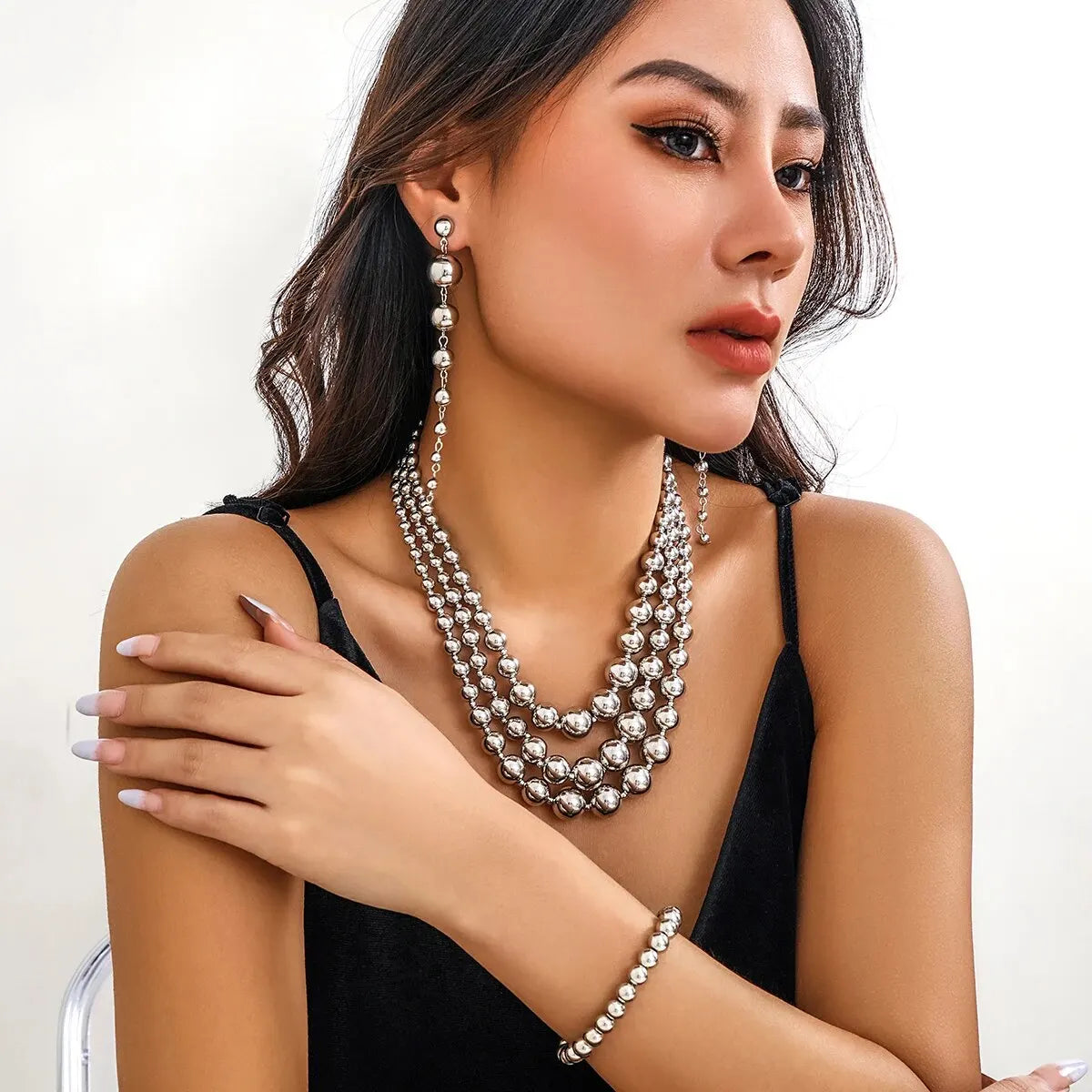 Women's Jewelry Set Gold Necklace and Earring Set with Bracelet, Triple Stack Design - 4