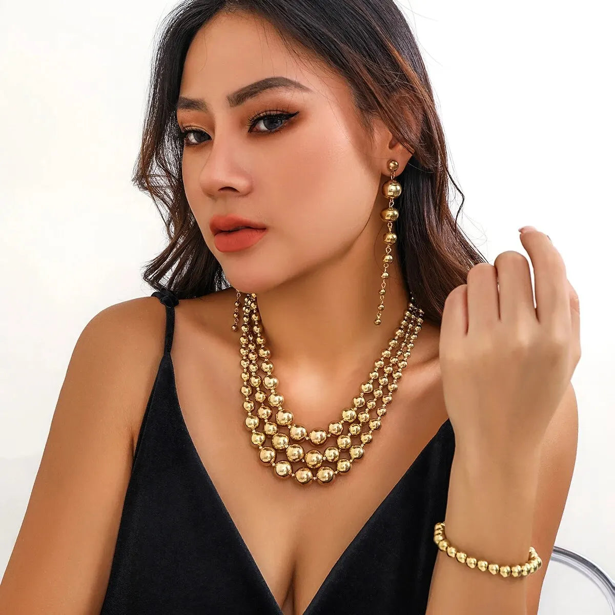 Women's Jewelry Set Gold Necklace and Earring Set with Bracelet, Triple Stack Design - 5