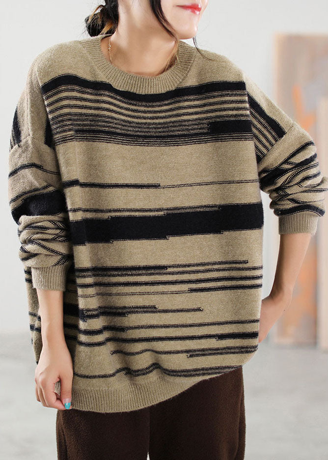 Women's Sweater Khaki Striped Knit Cotton - 2