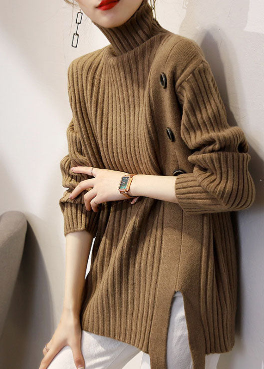 Women's Knit Sweater Khaki Turtleneck Polyester - 1