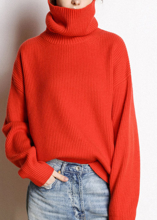 Women's Turtle Neck Top Red Cotton - 1