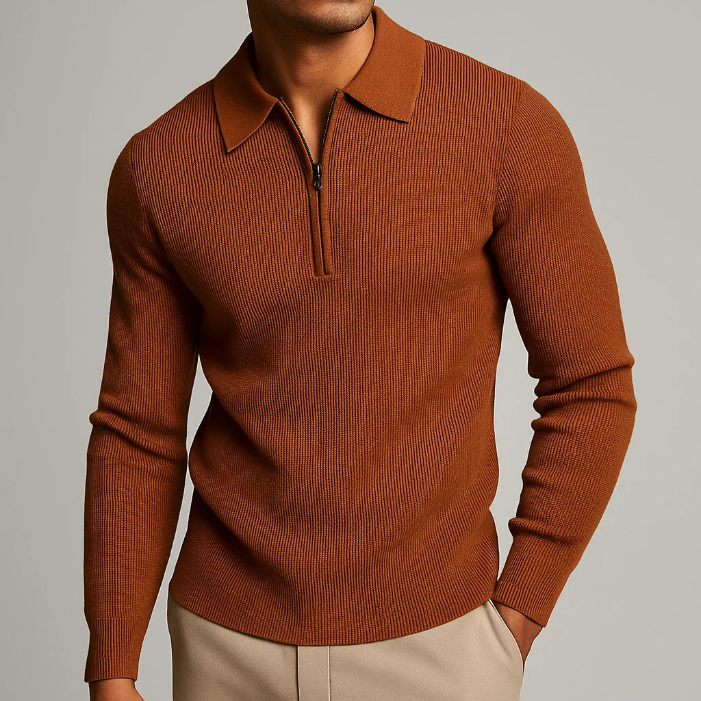 Men's Waffle-Knit Collared Quarter-Zip Sweater in Burnt Orange – Product view | Hensley London