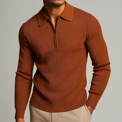 Men's Waffle-Knit Collared Quarter-Zip Sweater in Burnt Orange – Product view | Hensley London