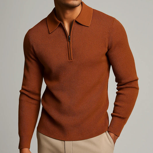 Men's Waffle-Knit Collared Quarter-Zip Sweater in Burnt Orange – Product view | Hensley London
