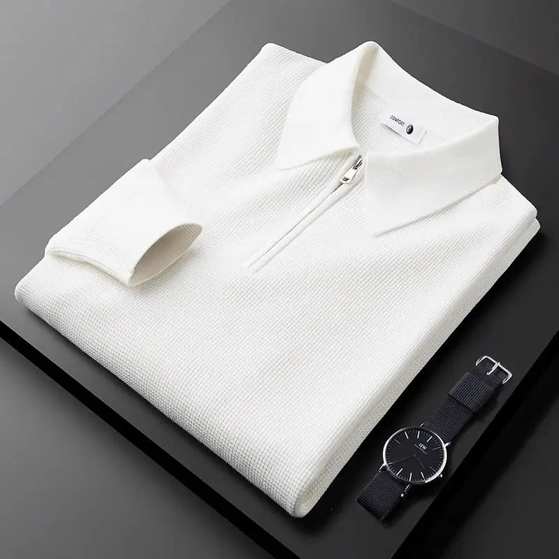 Men's Waffle-Knit Collared Quarter-Zip Sweater in White – Product view | Hensley London