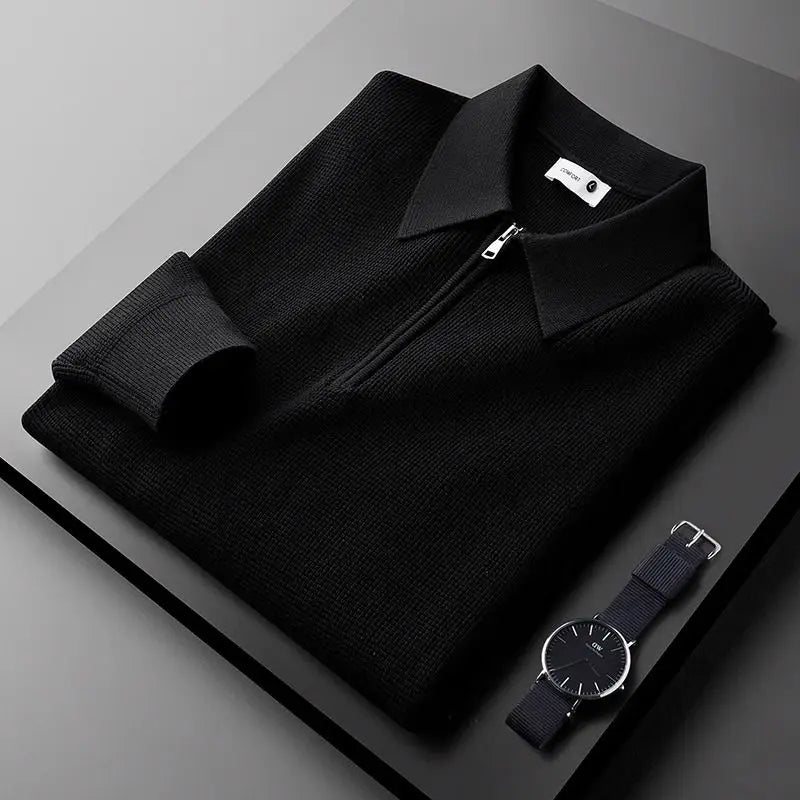 Men's Waffle-Knit Collared Quarter-Zip Sweater in Black – Product view | Hensley London