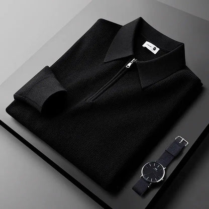 Men's Waffle-Knit Collared Quarter-Zip Sweater in Black – Product view | Hensley London