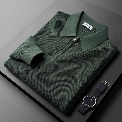 Men's Waffle-Knit Collared Quarter-Zip Sweater in Green – Product view | Hensley London