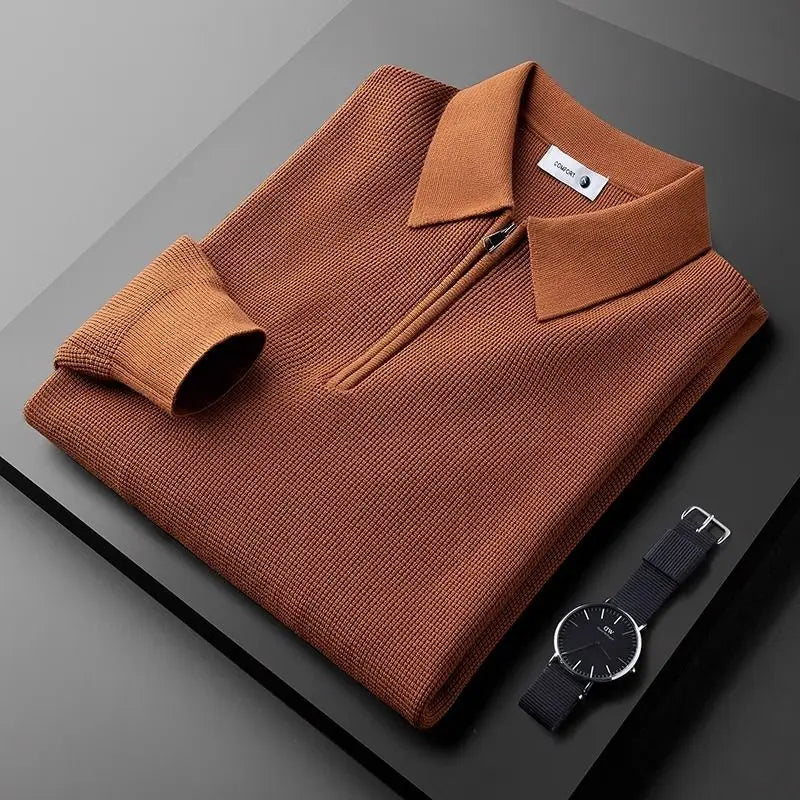 Men's Waffle-Knit Collared Quarter-Zip Sweater in Burnt Orange – Product view | Hensley London