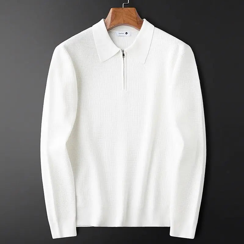 Men's Waffle-Knit Collared Quarter-Zip Sweater in White – Product view | Hensley London
