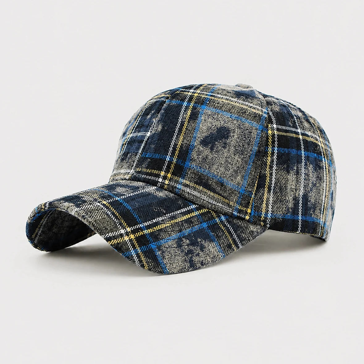 Retro Plaid Adjustable Baseball Cap in Denim Blue – product view | Hensley London