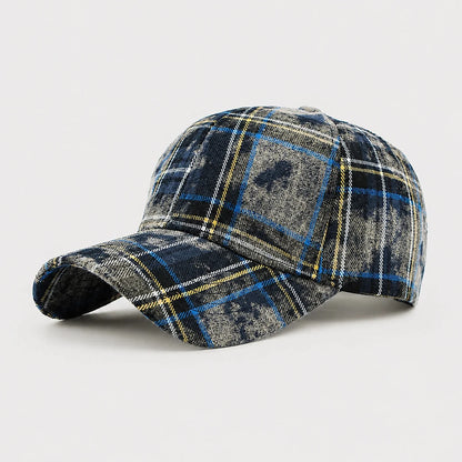 Retro Plaid Adjustable Baseball Cap in Denim Blue – product view | Hensley London